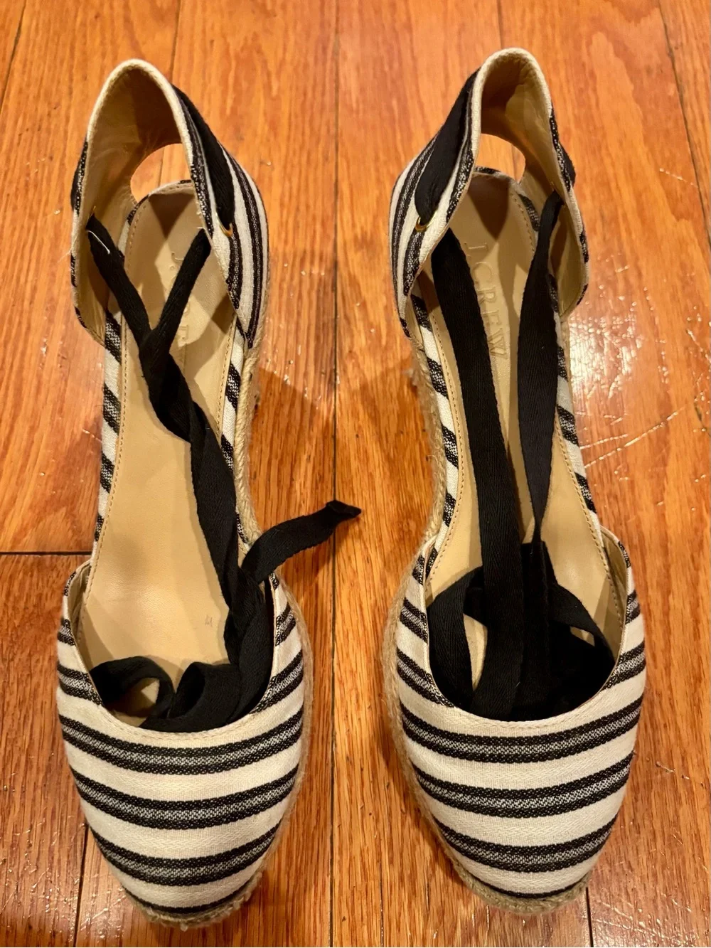 J. Crew Black and White Striped Espadrille Wedges with Ankle Tie
